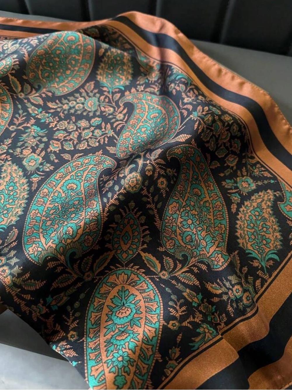 Blue-Green & Brown Classic Paisley Square Scarf | 27.5” - Picture 9 of 11